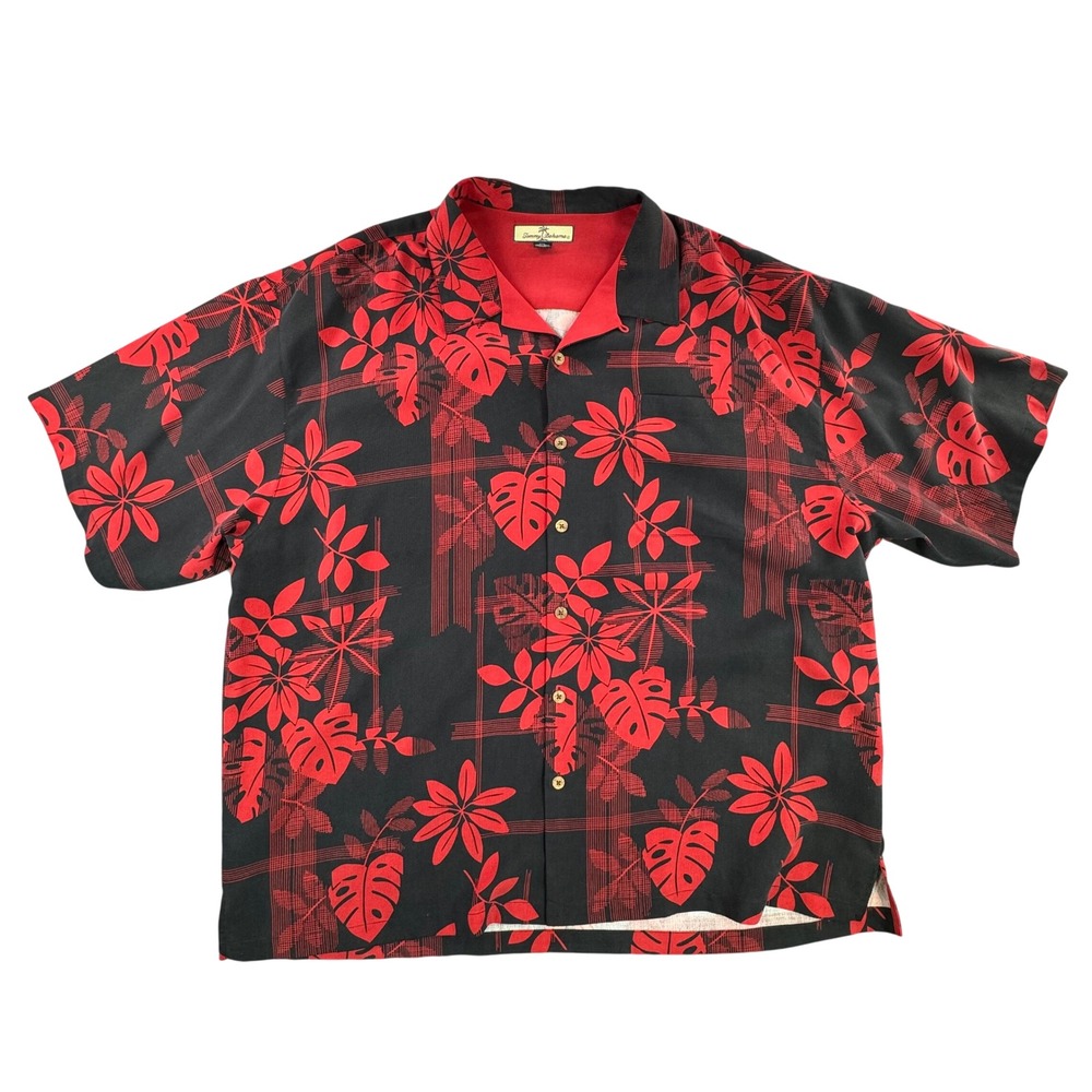 Tommy Bahama Relax Mens XXL Silk Tropical Floral Plaid Camp Shirt Red Black